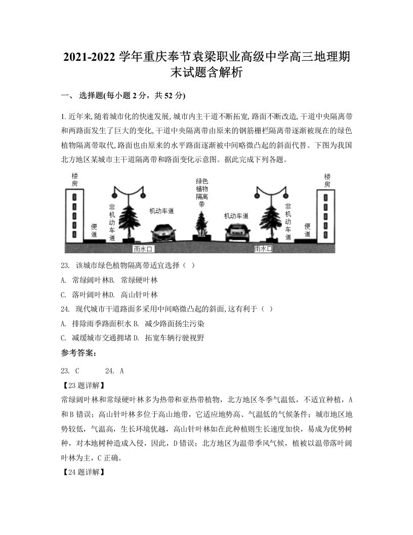 2021-2022学年重庆奉节袁梁职业高级中学高三地理期末试题含解析