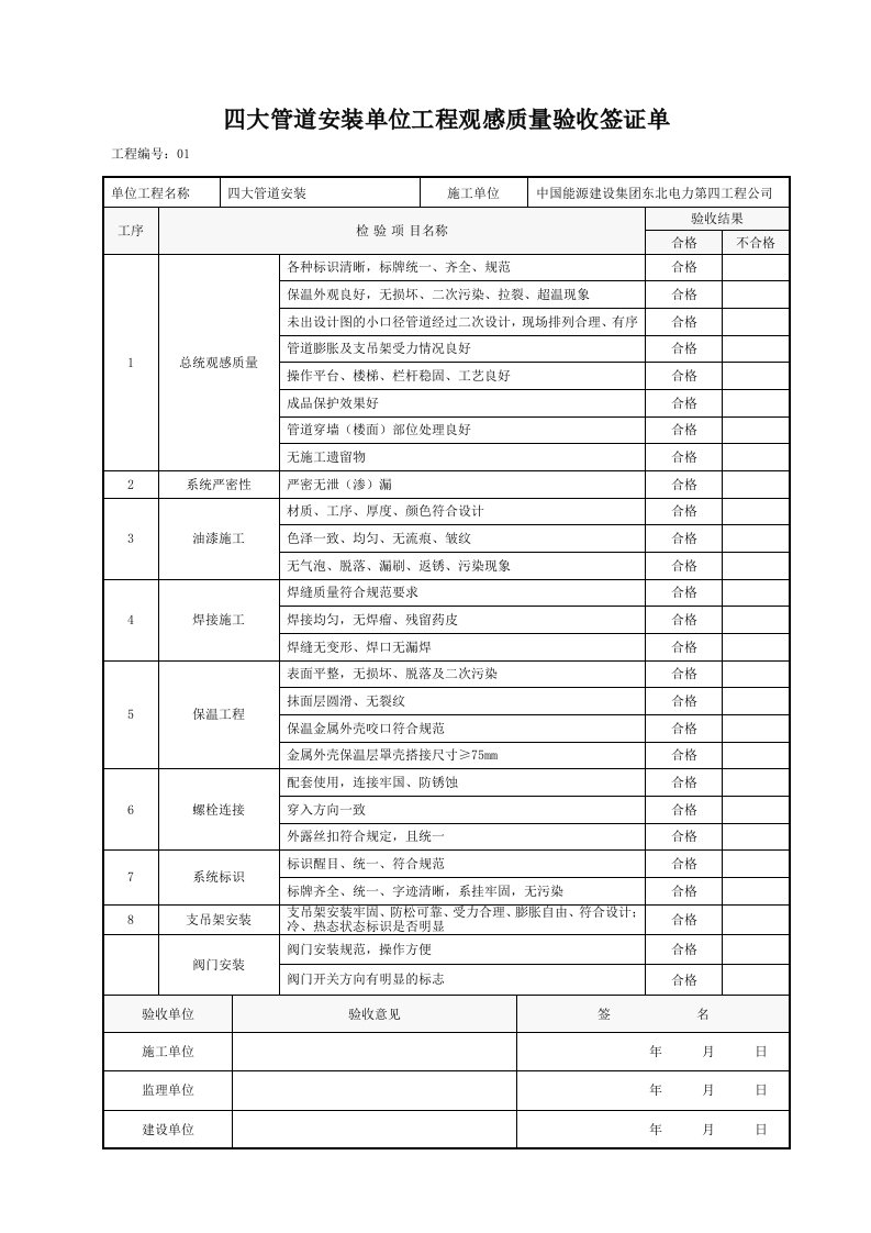 管道安装单位工程观感质量验收签证单