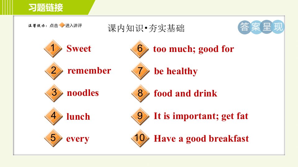 外研版七年级上册英语习题课件Module4Unit2Isyourfoodanddrinkhealthy