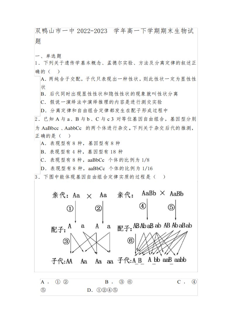 双鸭山市一中2022-2023学年高一下学期期末生物试题