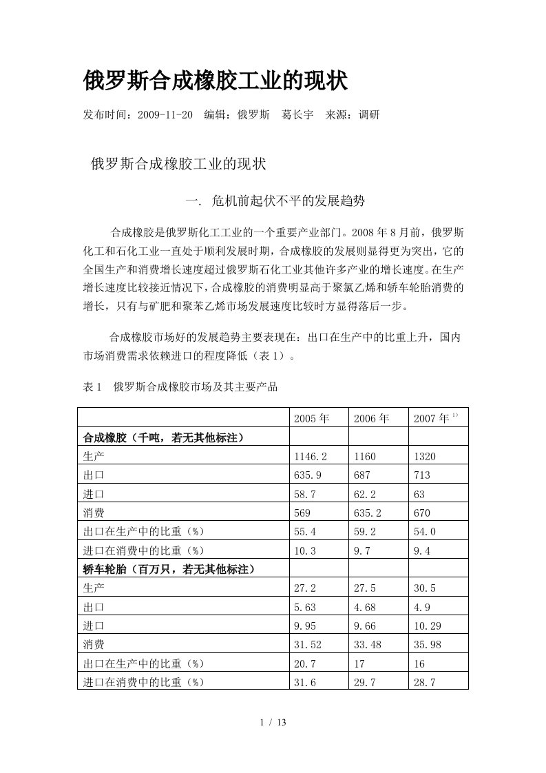 俄罗斯合成橡胶工业的发展现状