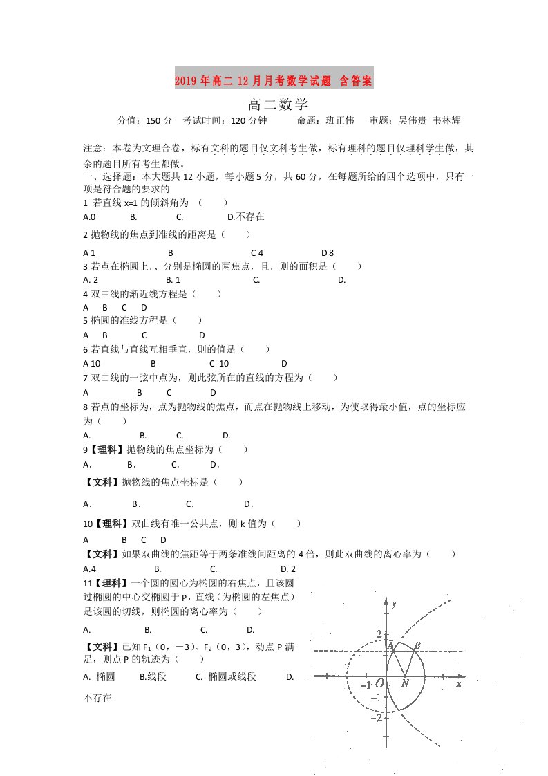 2019年高二12月月考数学试题