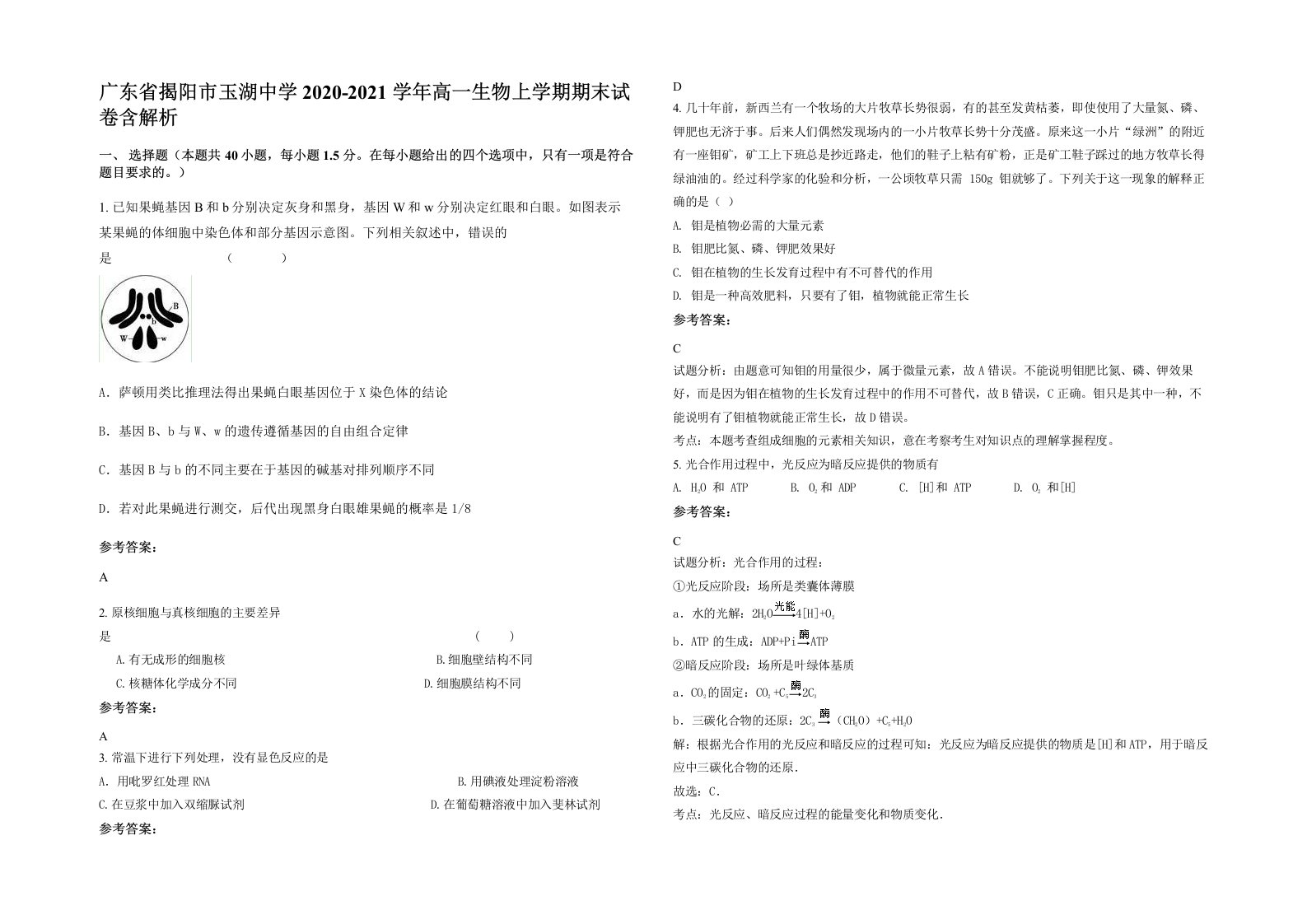 广东省揭阳市玉湖中学2020-2021学年高一生物上学期期末试卷含解析