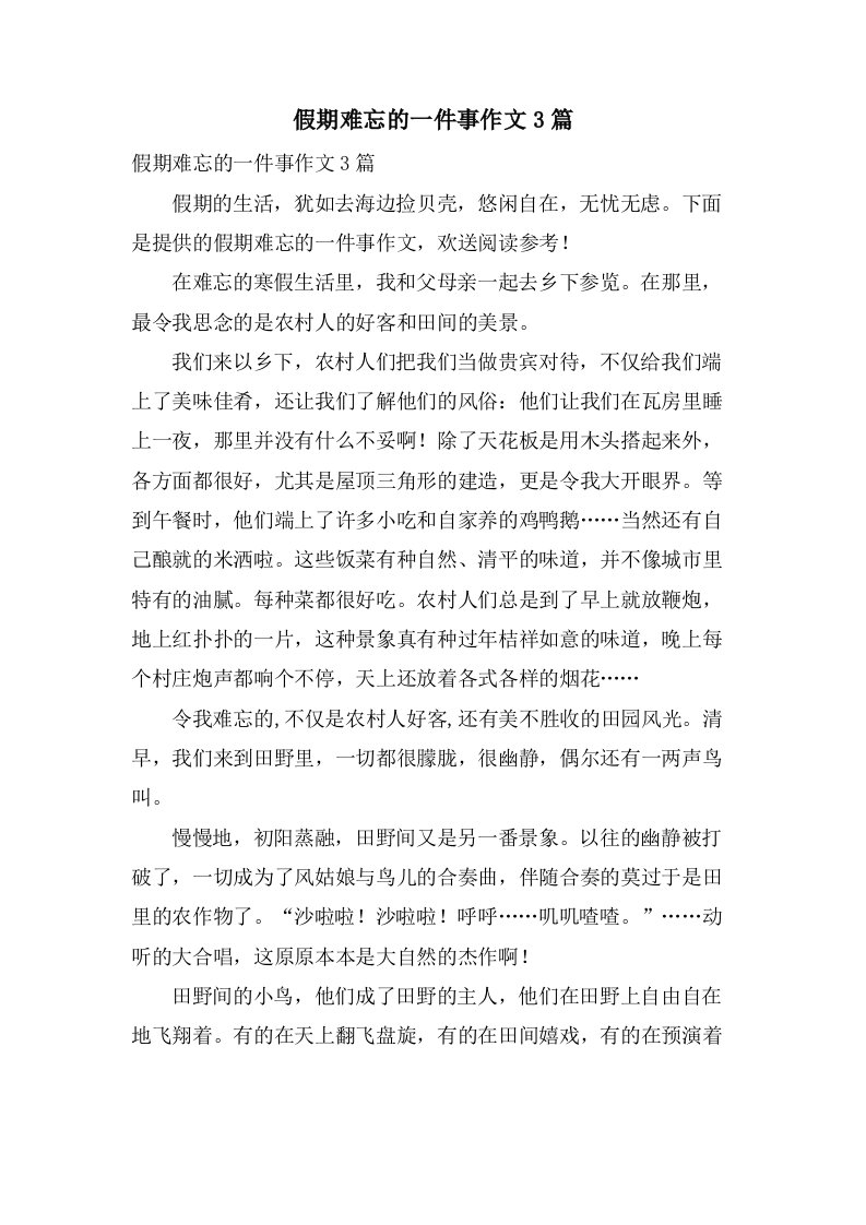 假期难忘的一件事作文3篇