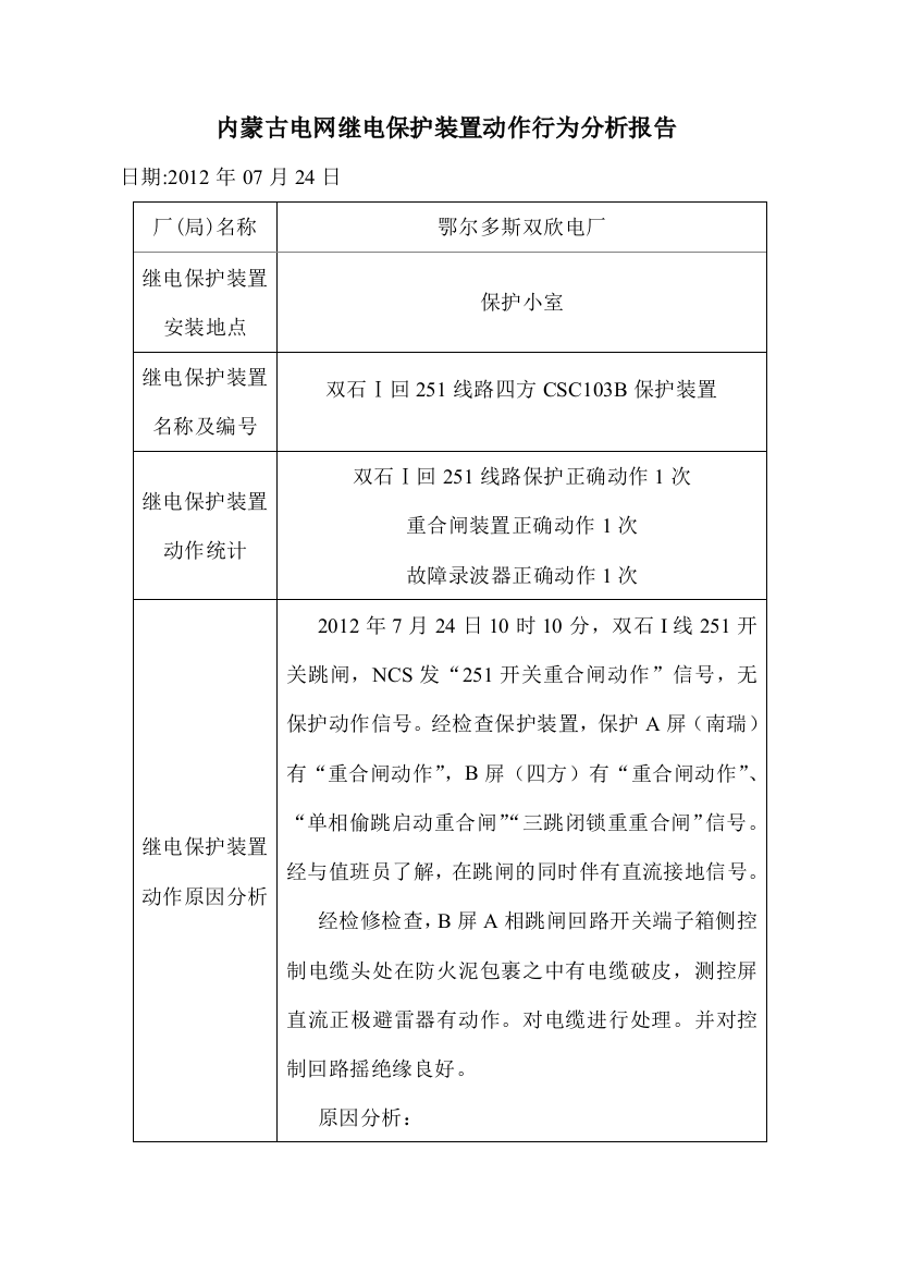 内蒙古电网继电保护装置动作行为分析报告