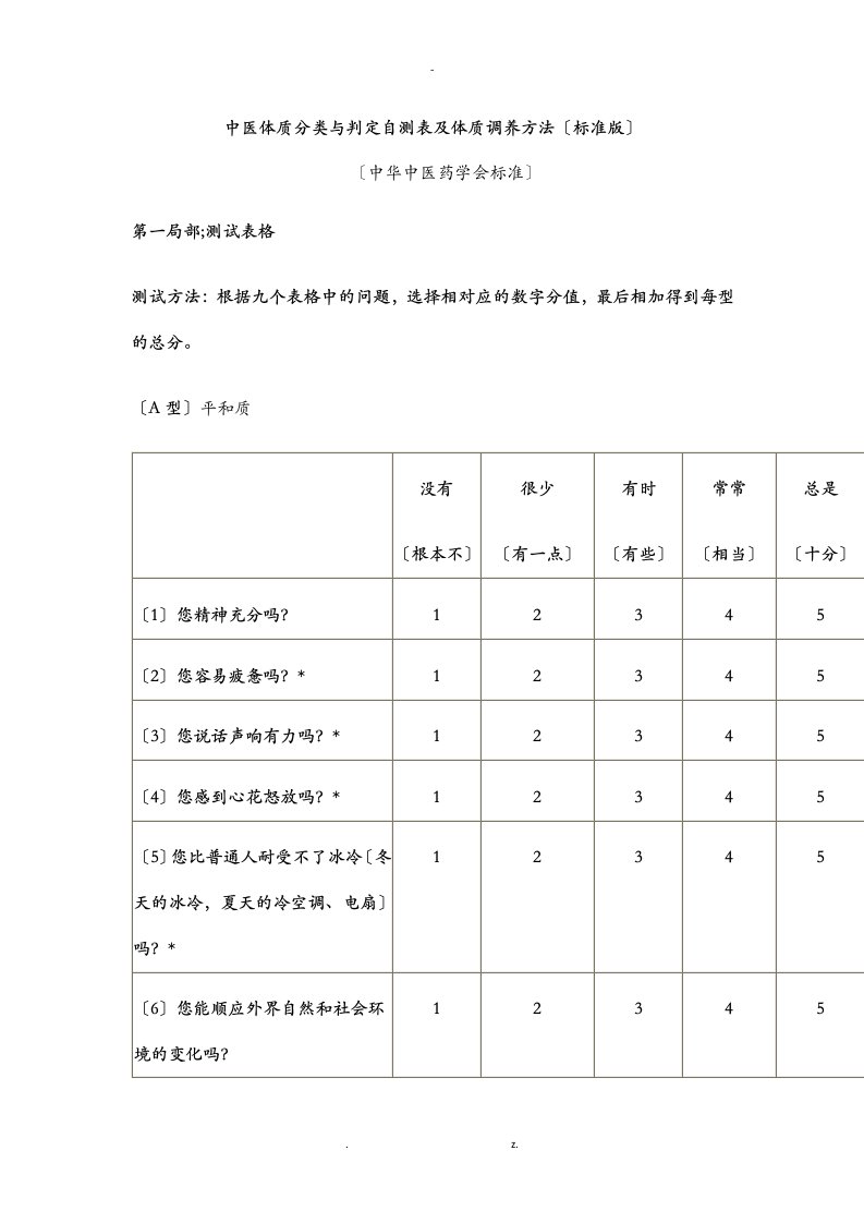 中医体质分类及判定自测表及体质调养方法