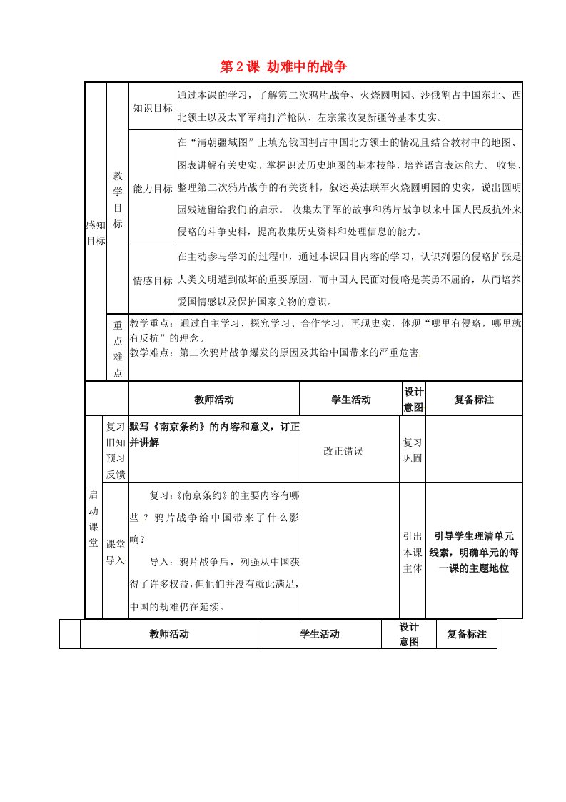 山东省邹平县实验中学八年级历史上册第2课劫难中的战争教案北师大版