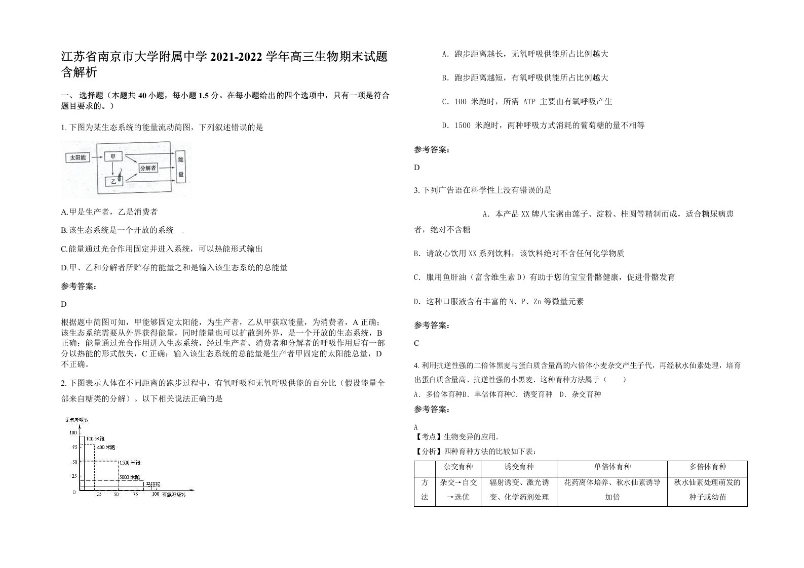 江苏省南京市大学附属中学2021-2022学年高三生物期末试题含解析