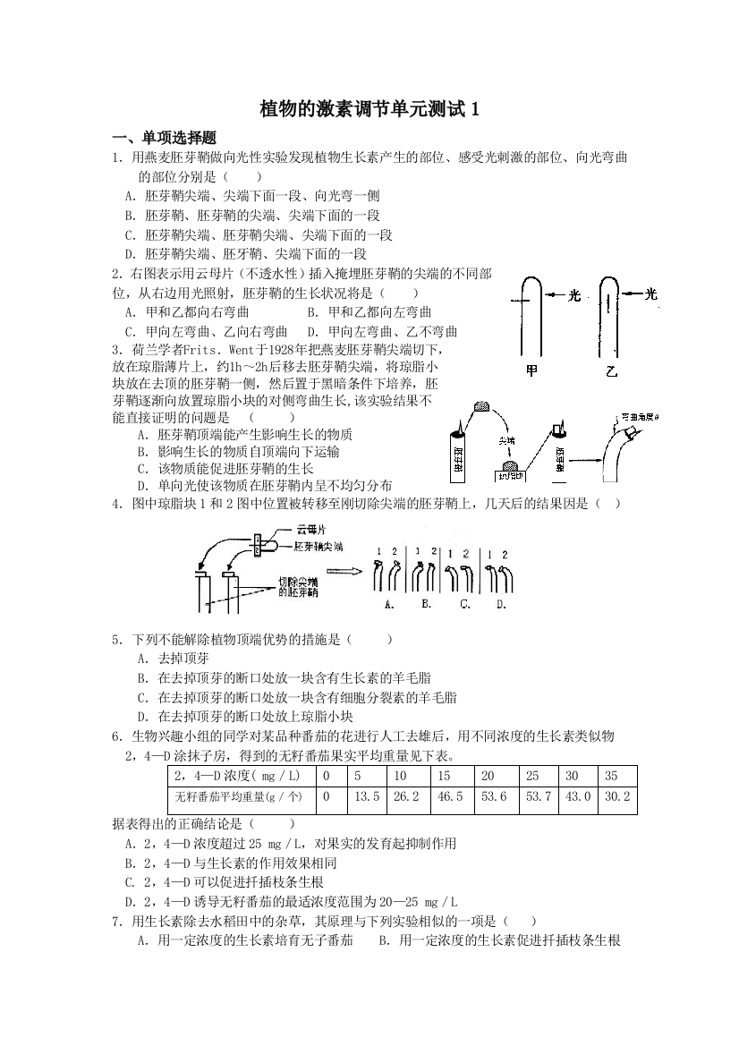 植物的激素调节单元测试1