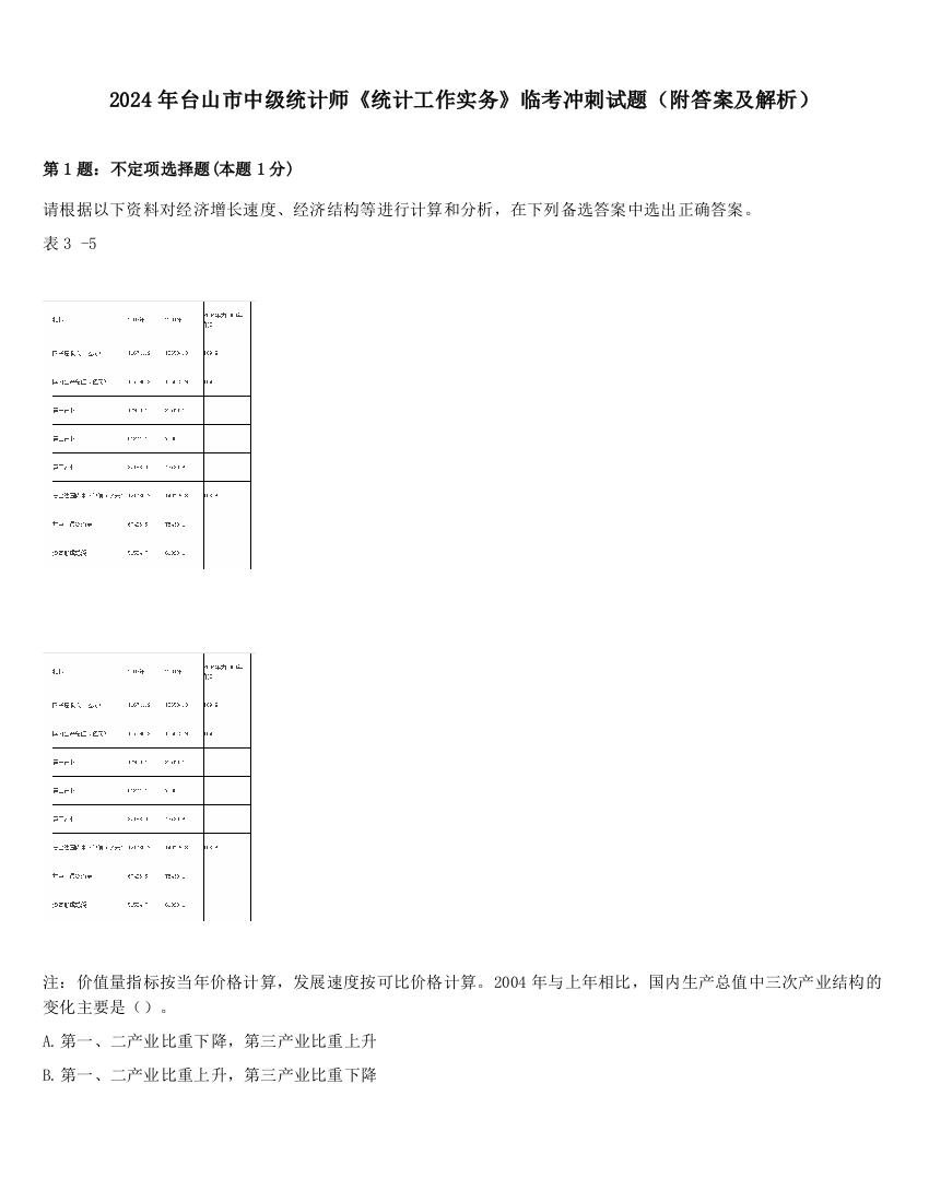 2024年台山市中级统计师《统计工作实务》临考冲刺试题（附答案及解析）