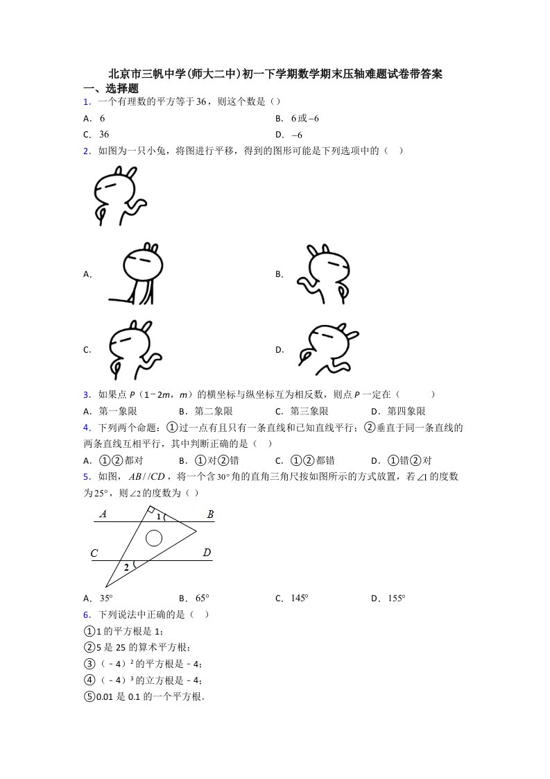 北京市三帆中学(师大二中)初一下学期数学期末压轴难题试卷带答案