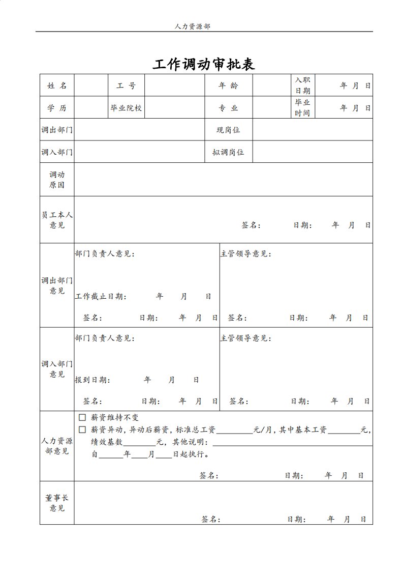 员工工作调动审批表