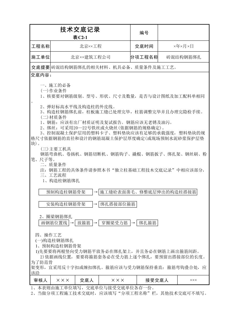 砖混结构钢筋绑扎技术交底表