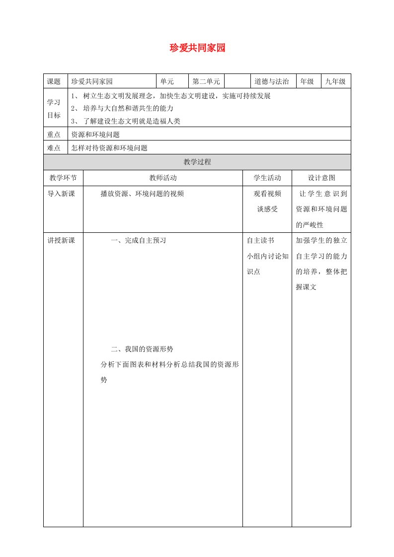 九年级道德与法治下册建设美丽中国第3课推进生态文明建设第2框珍爱共同家园教案