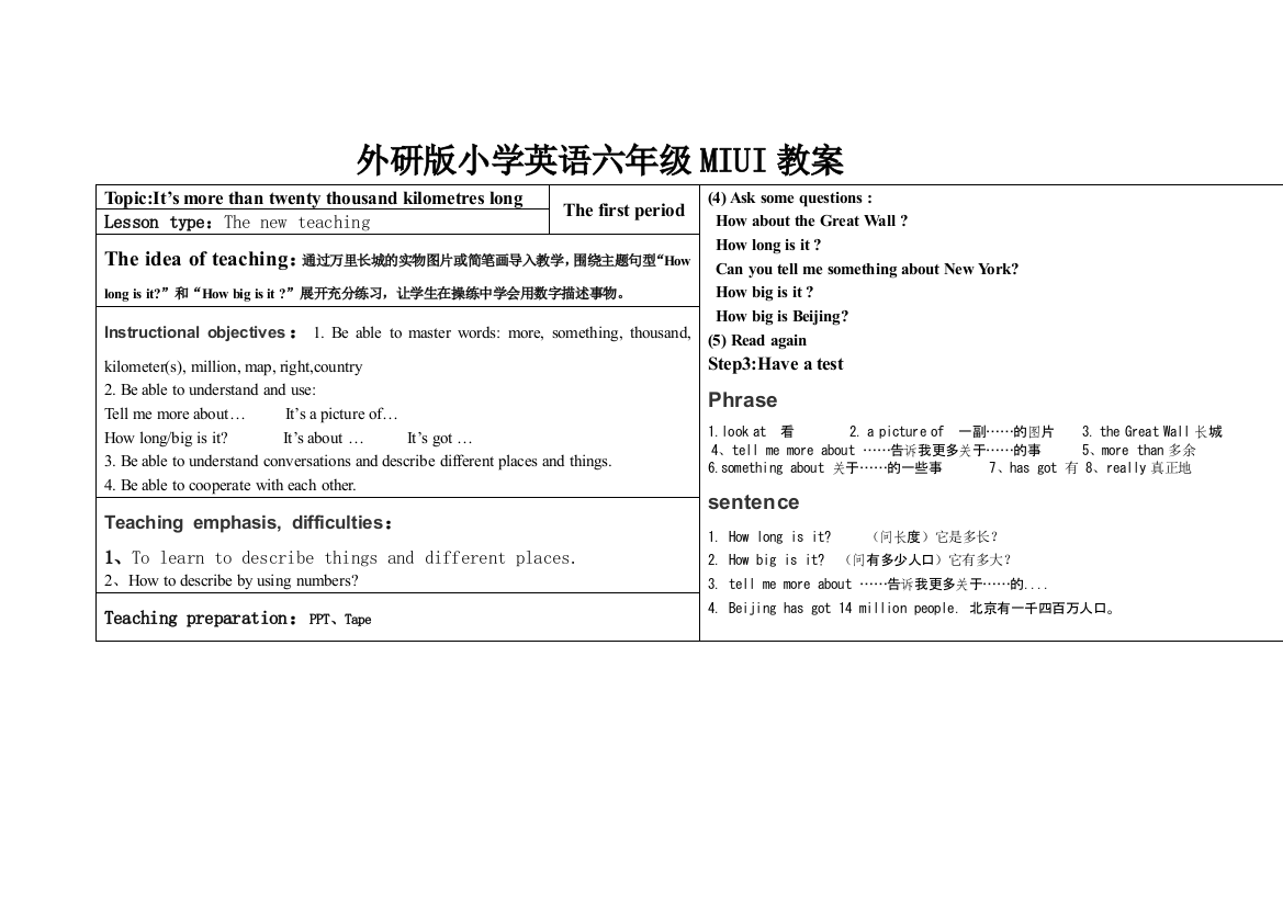 外研版小学英语六年级MIUI教案