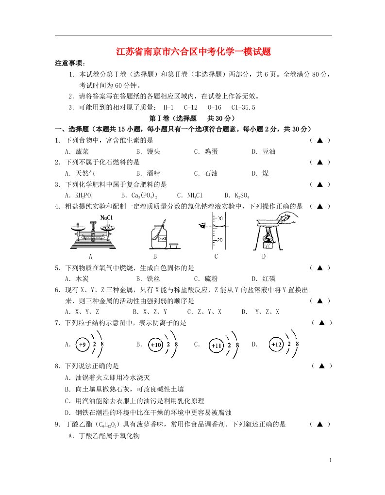 江苏省南京市六合区中考化学一模试题