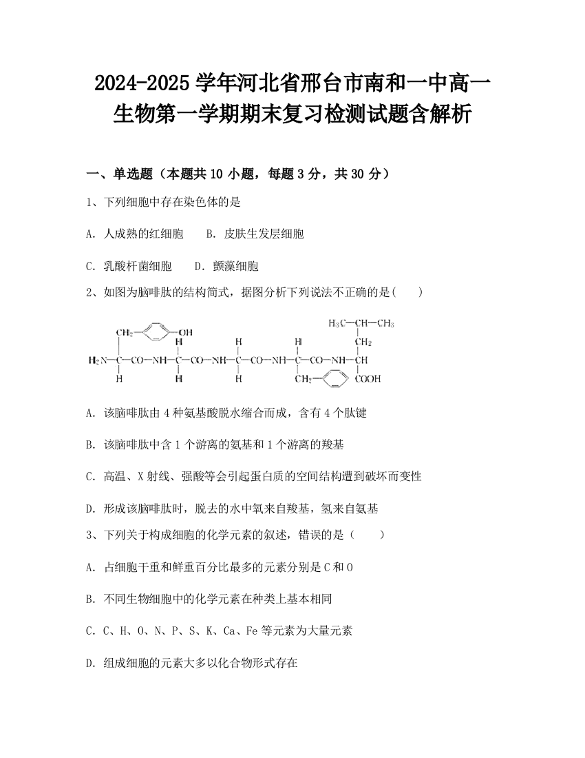 2024-2025学年河北省邢台市南和一中高一生物第一学期期末复习检测试题含解析