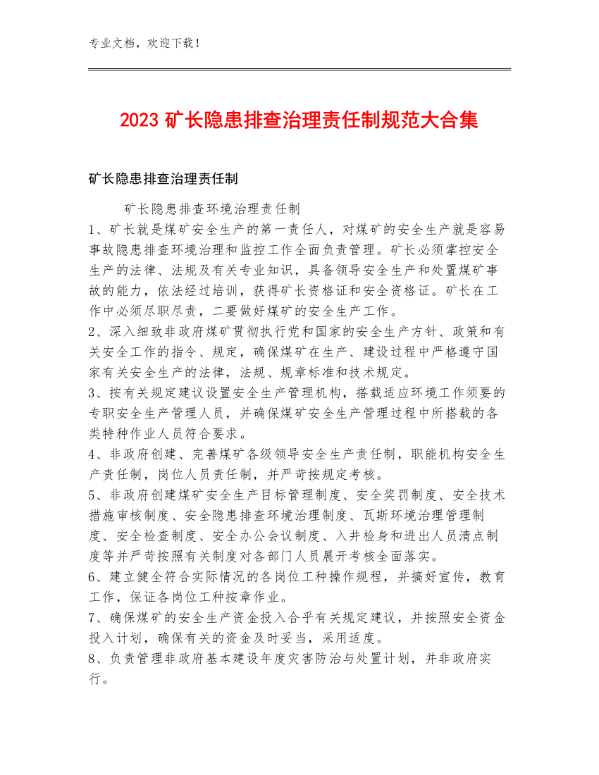 2023矿长隐患排查治理责任制规范大合集