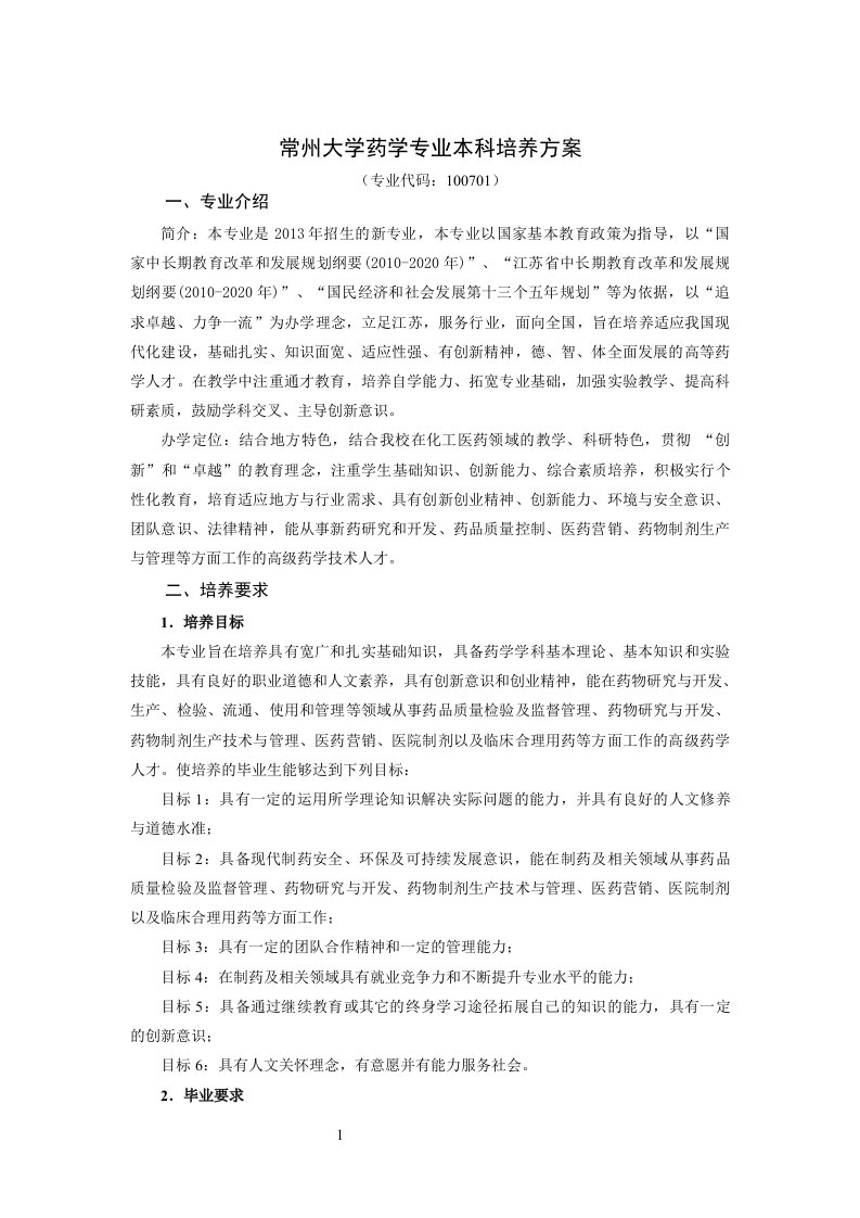 常州大学药学专业本科培养方案