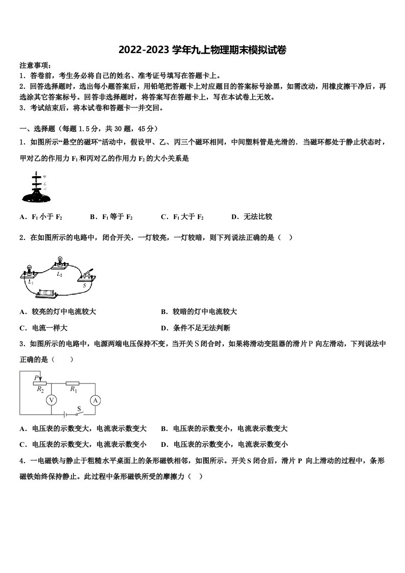 2022年江苏省丰县九年级物理第一学期期末联考试题含解析