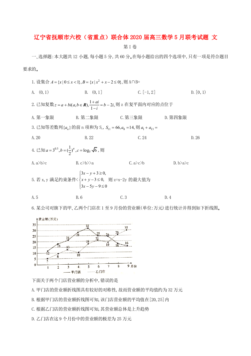 辽宁省抚顺市六校(省重点)联合体高三数学5月联考试题