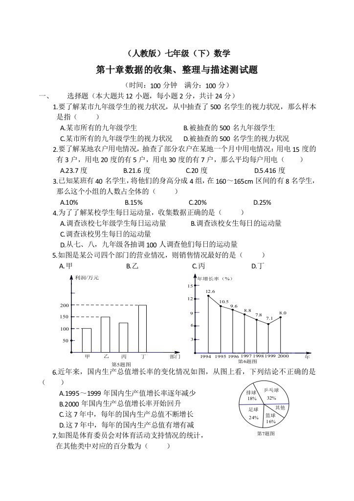 【小学中学教育精选】人教版七年级下数学第十章数据收集、整理与描述测试题