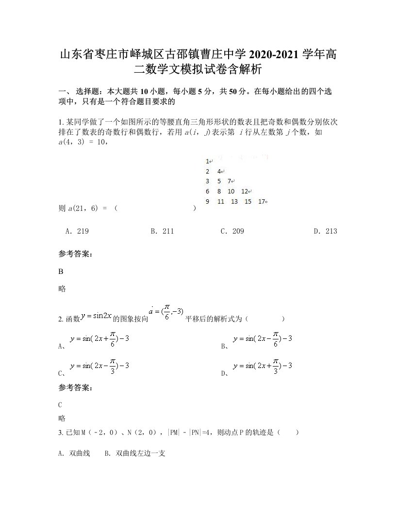 山东省枣庄市峄城区古邵镇曹庄中学2020-2021学年高二数学文模拟试卷含解析