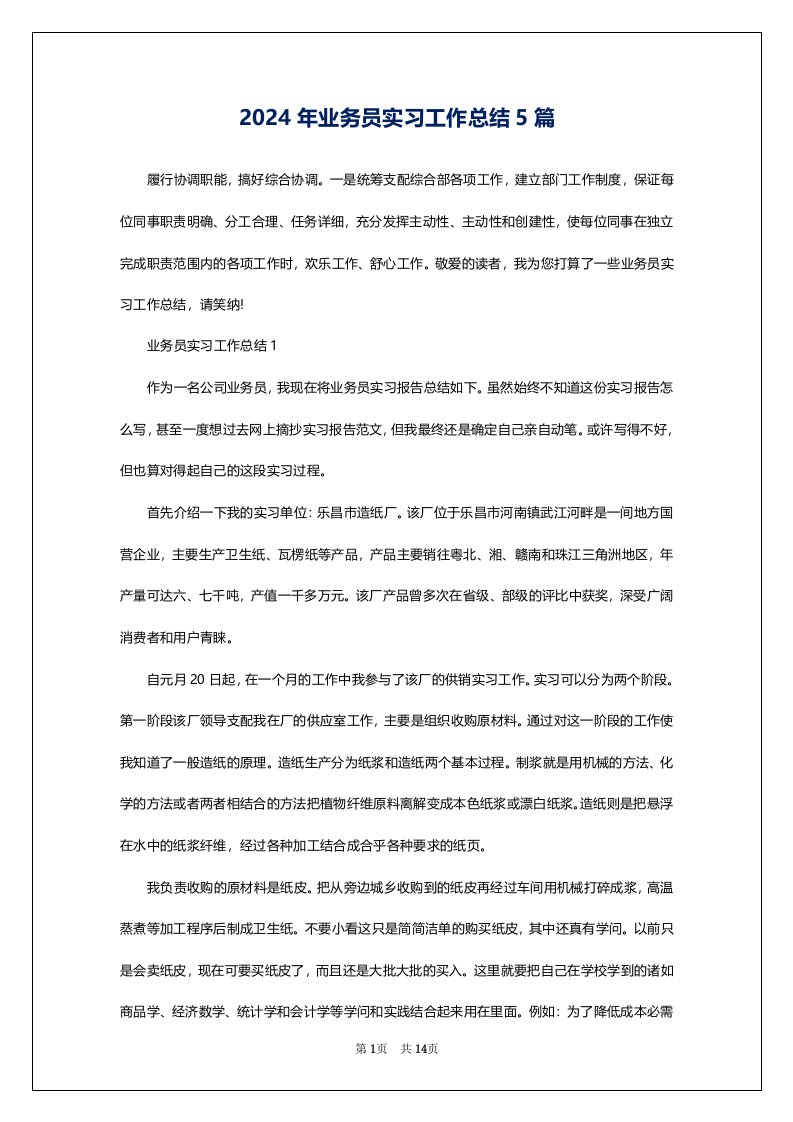 2024年业务员实习工作总结5篇