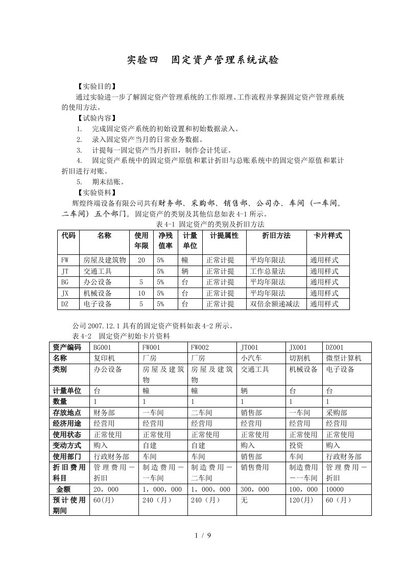 实验四固定资产管理系统试验