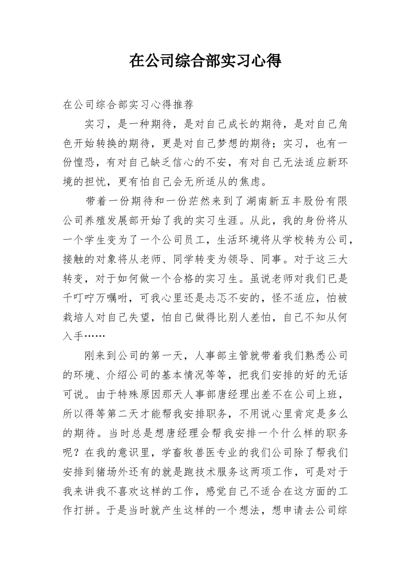 在公司综合部实习心得