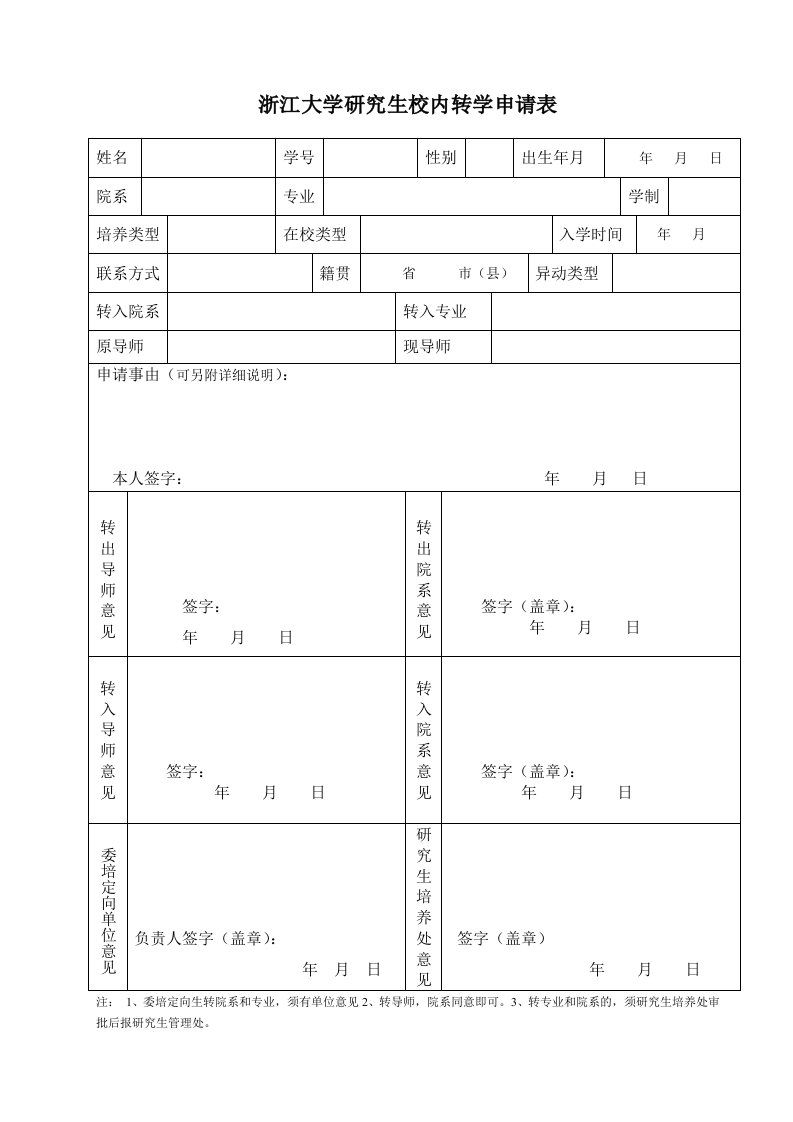 浙江大学研究生校内转学申请表