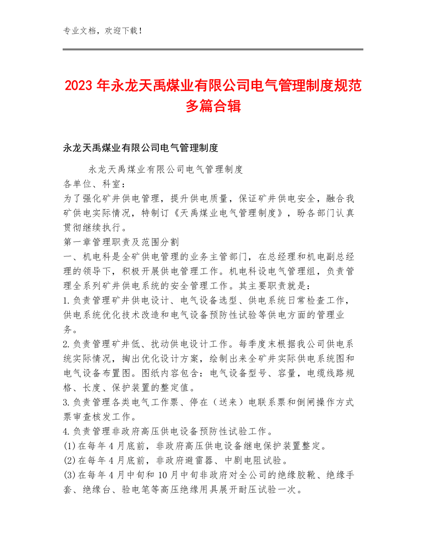 2023年永龙天禹煤业有限公司电气管理制度规范多篇合辑