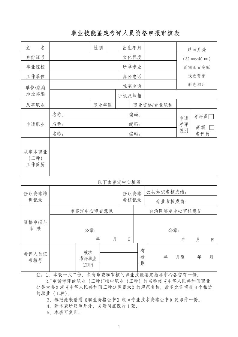 职业技能鉴定考评人员资格申报审核表