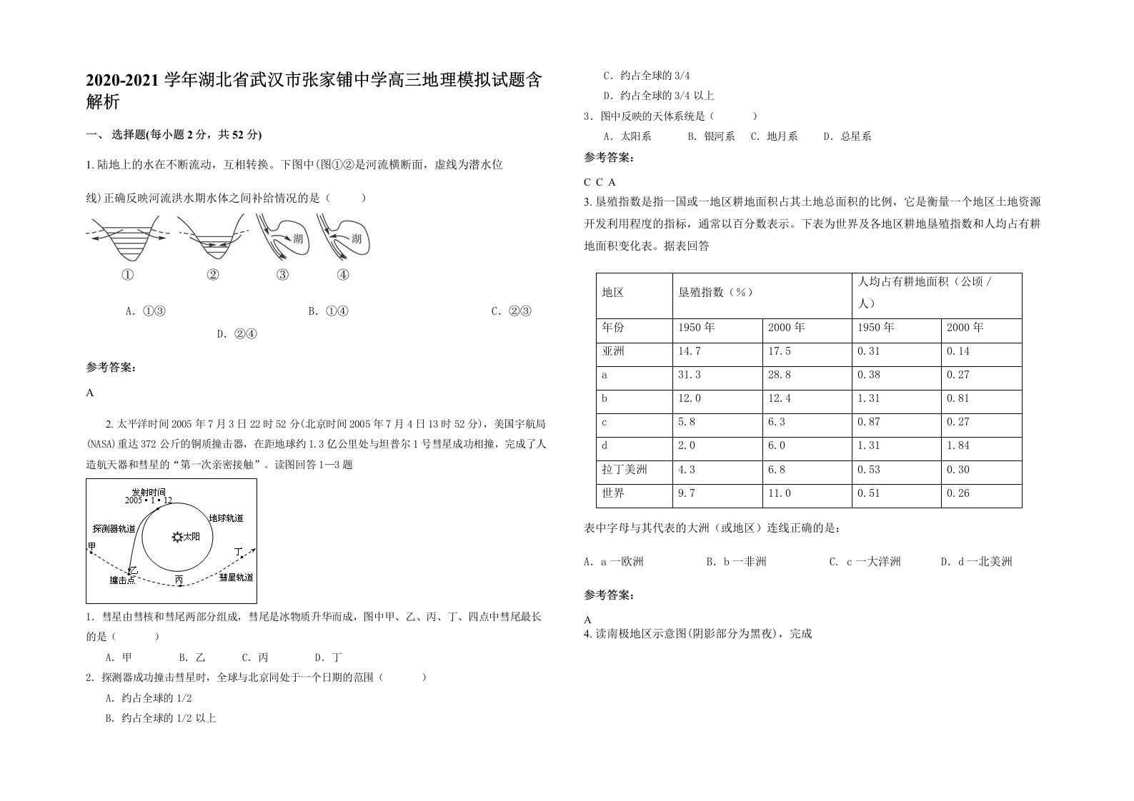 2020-2021学年湖北省武汉市张家铺中学高三地理模拟试题含解析