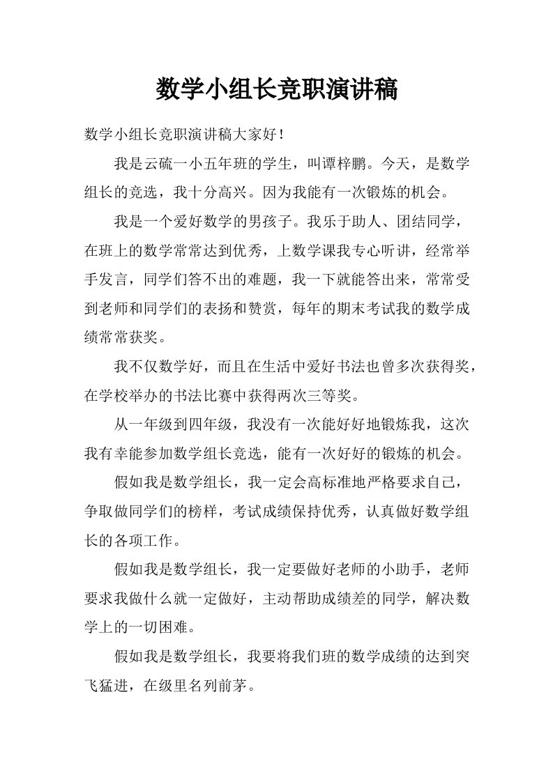 数学小组长竞职演讲稿