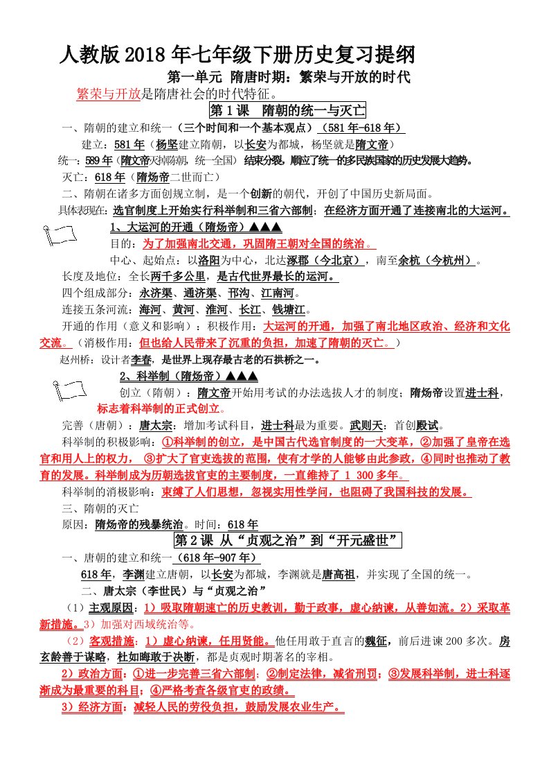 部编新人教版七年级历史下册知识点复习提纲(改版)