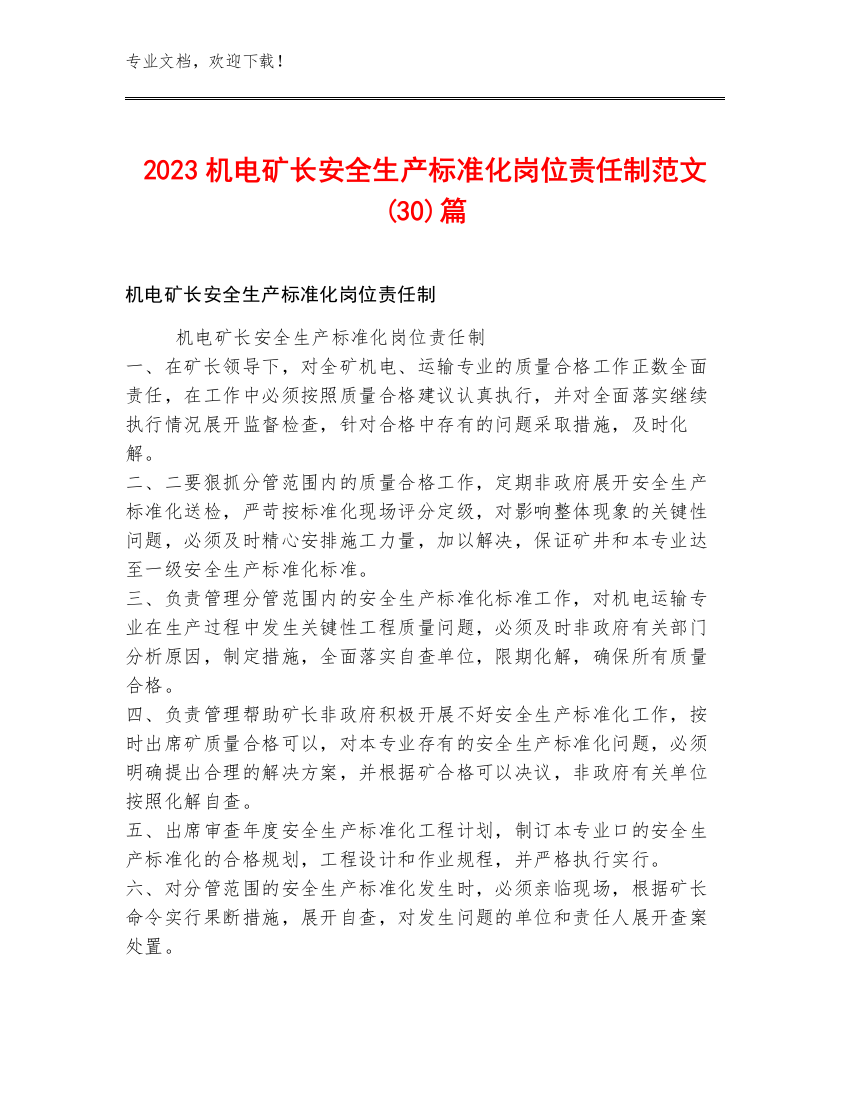 2023机电矿长安全生产标准化岗位责任制范文(30)篇