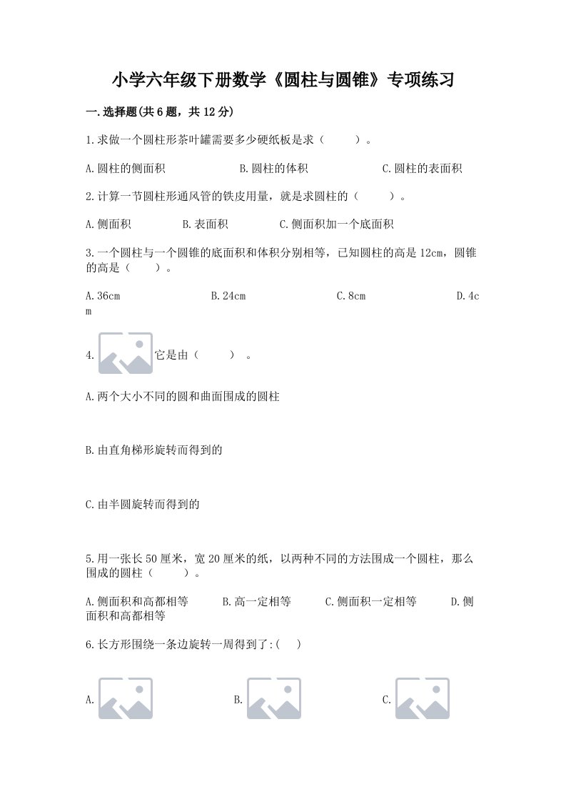 小学六年级下册数学《圆柱与圆锥》专项练习带答案ab卷