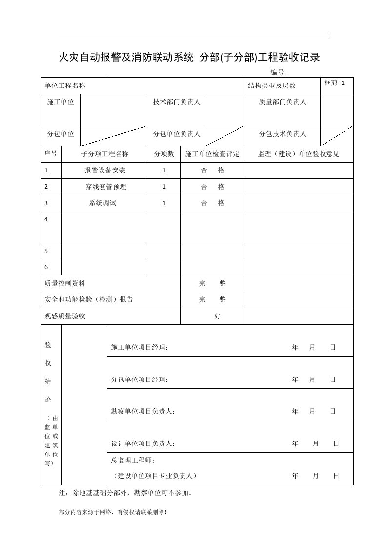 消防工程分部验收记录表