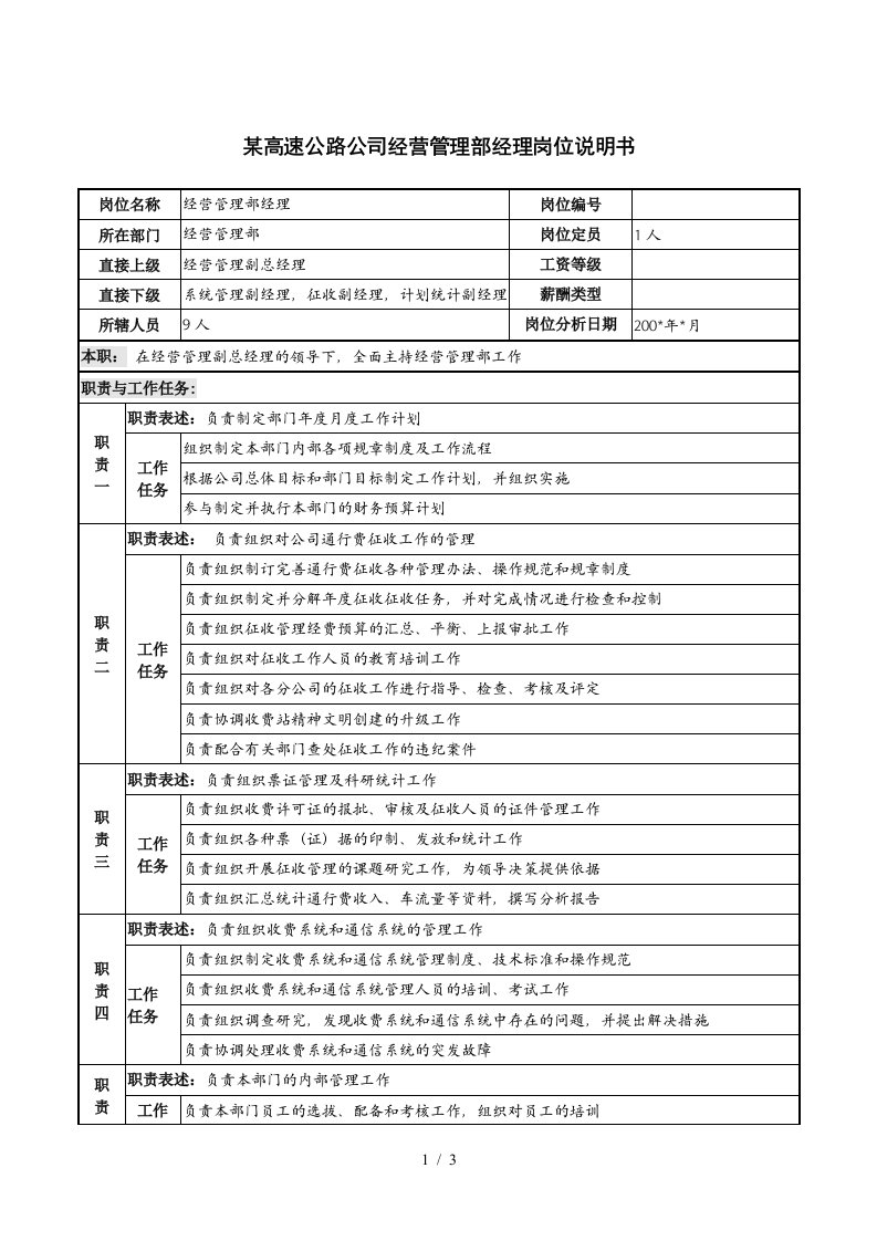 高速公路公司经营管理部经理岗位说明书