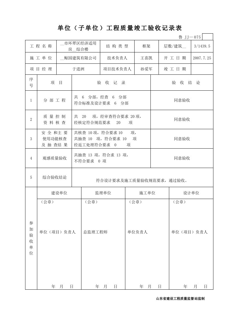 鲁JJ-075单位(子单位)工程质量竣工验收记录