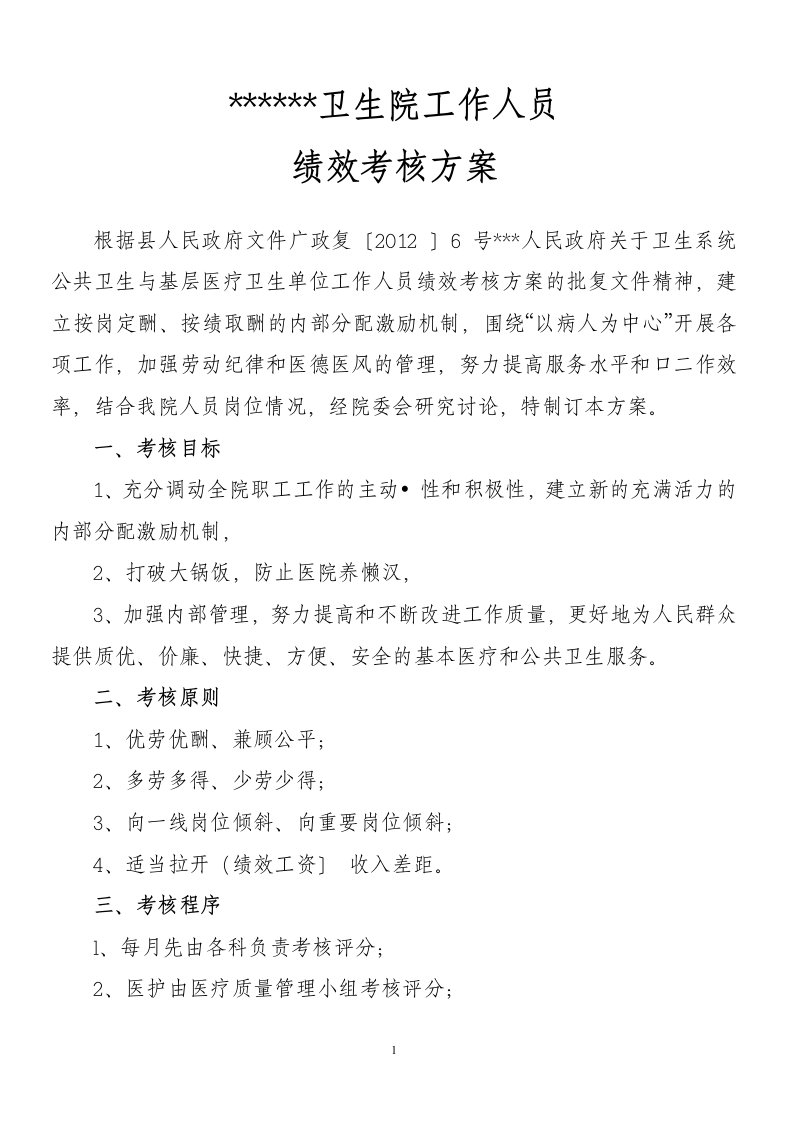 乡卫生院工作人员绩效考核细则