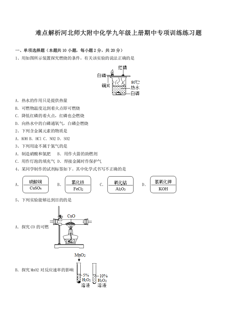 难点解析河北师大附中化学九年级上册期中专项训练