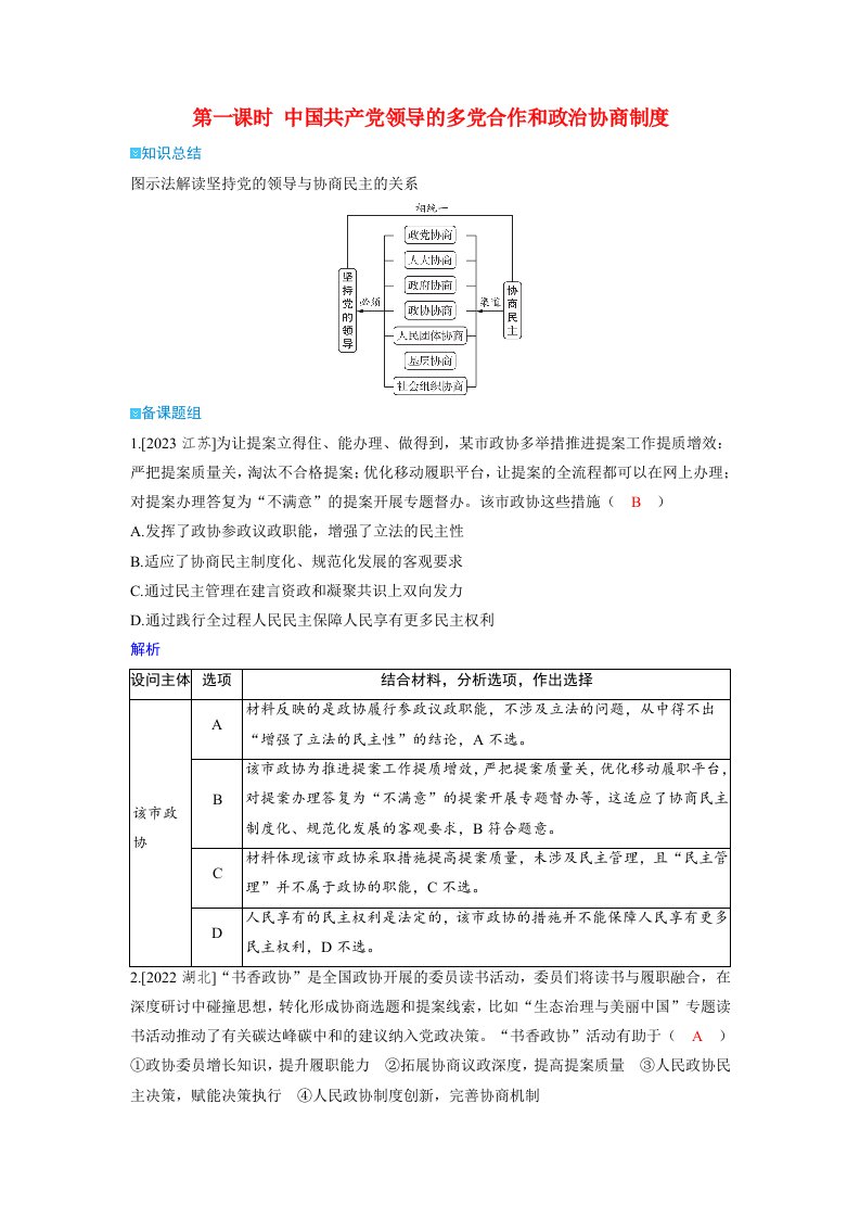 备考2024届高考政治一轮复习强化训练必修3第六课我国的基本政治制度第一课时中国共产党领导的多党合作和政治协商制度