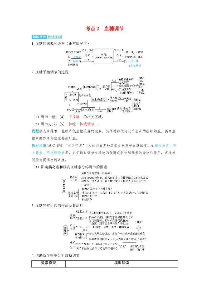 备考2024届高考生物一轮复习讲义第八章动物和人体生命活动的调节课时4体液调节的过程考点2　血糖调节