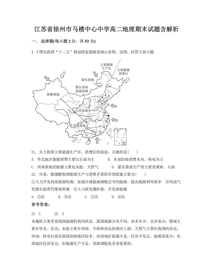 江苏省徐州市马楼中心中学高二地理期末试题含解析