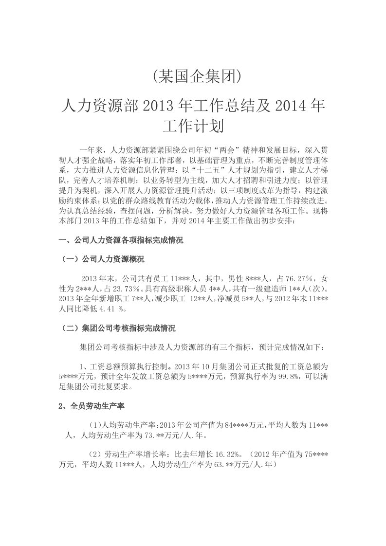 2013(某国企集团)人力资源工作总结