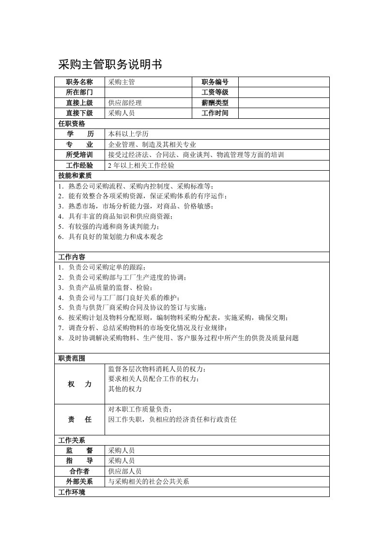 某酒店用品公司采购主管职务说明书