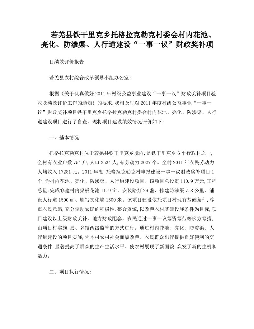 若羌县铁干里克乡托格拉克勒克村村内花池、亮化、防渗渠、人行道建设“一事一议”财政奖补项目绩效评价报告