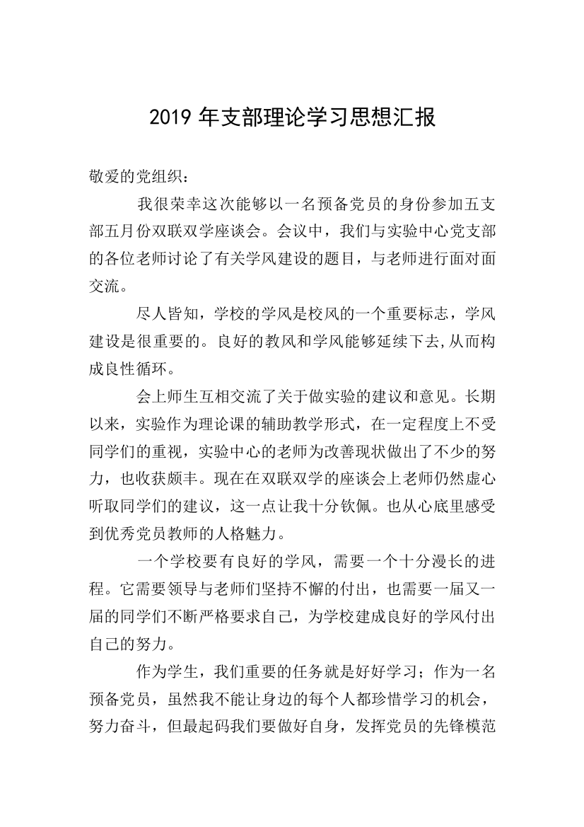 2019年支部理论学习思想汇报